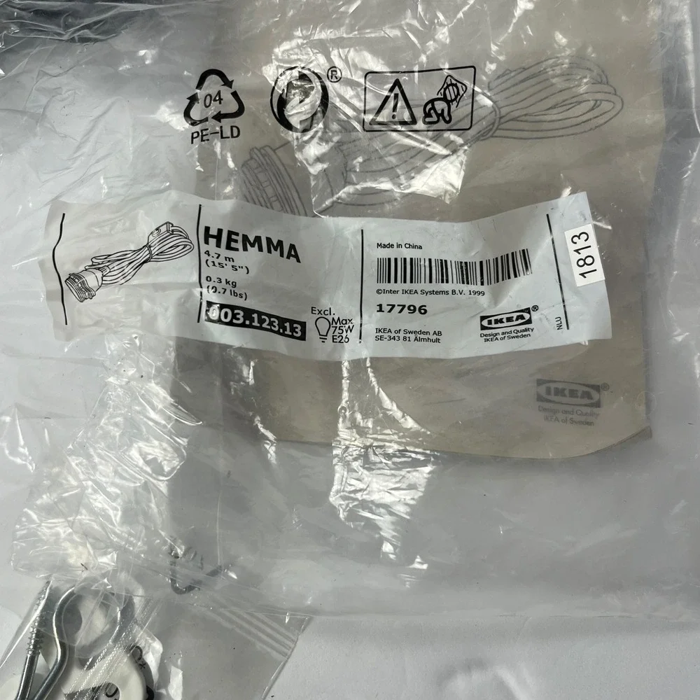IKEA Hemma Pendant Lamp Cord Set Blk 15ft 5in E26 75W 003.123.13 Swag Light NEW